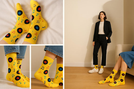 Best Retro disk and music notes print yellow socks for travel 2025