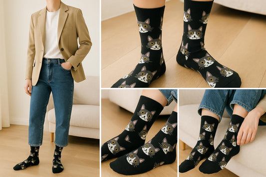 Best Cat print black socks funny 2025