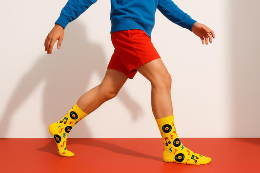 Best Retro disk and music notes print yellow socks funny 2025