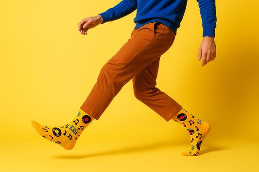 Best Retro disk and music notes print yellow socks for men 2025