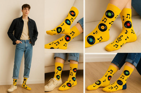 Best Retro disk and music notes print yellow socks for teens 2025