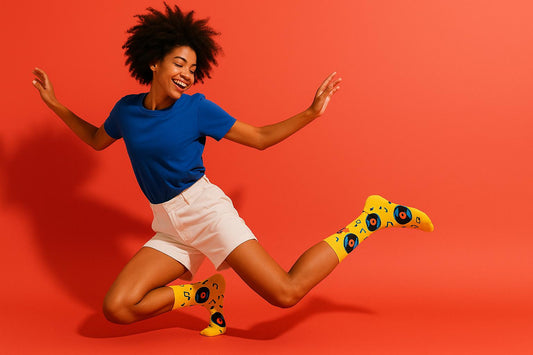 Best Retro disk and music notes print yellow socks for everyday wear 2025