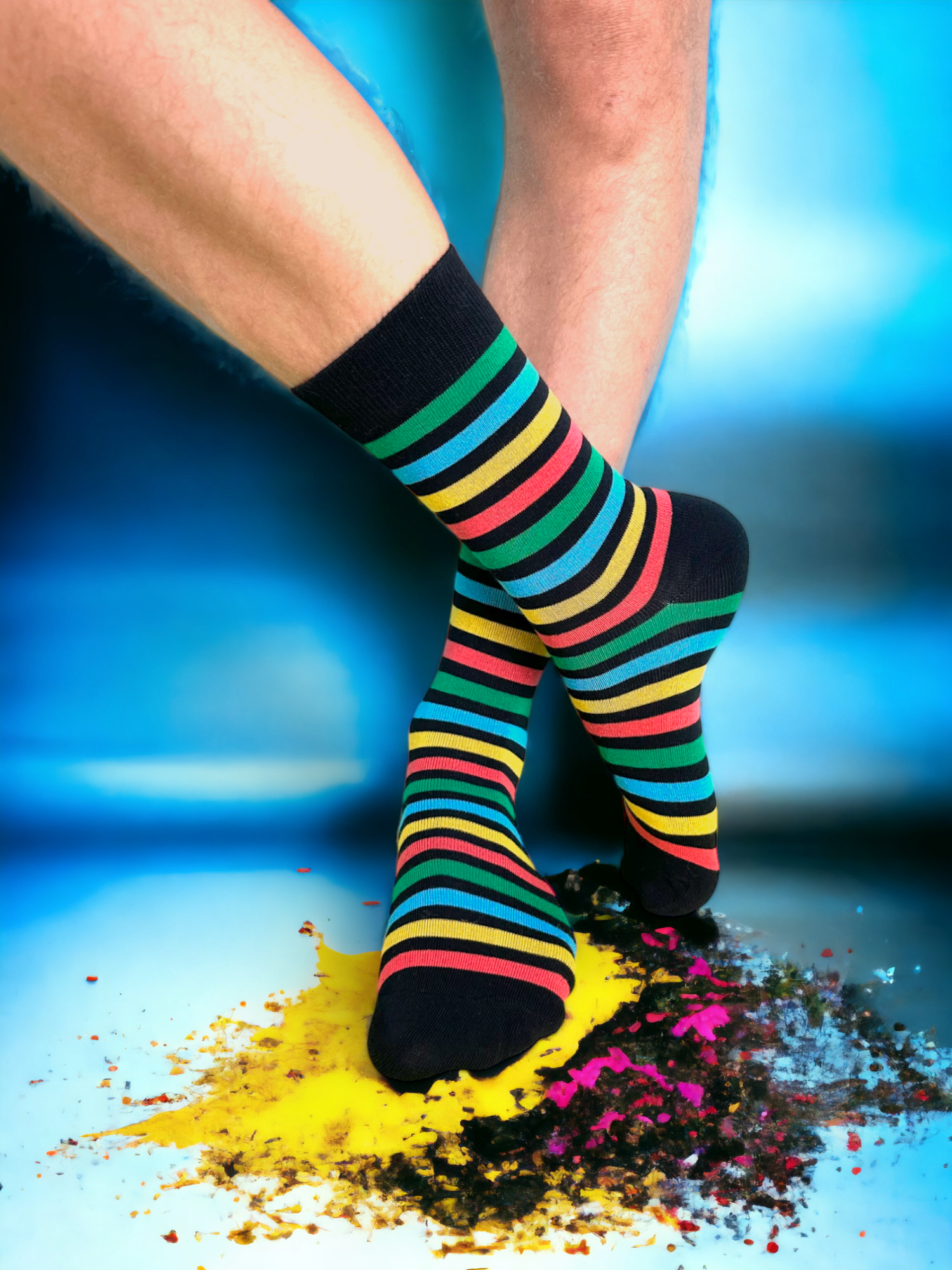 Stripe Socks on Feet with Multi Color Background